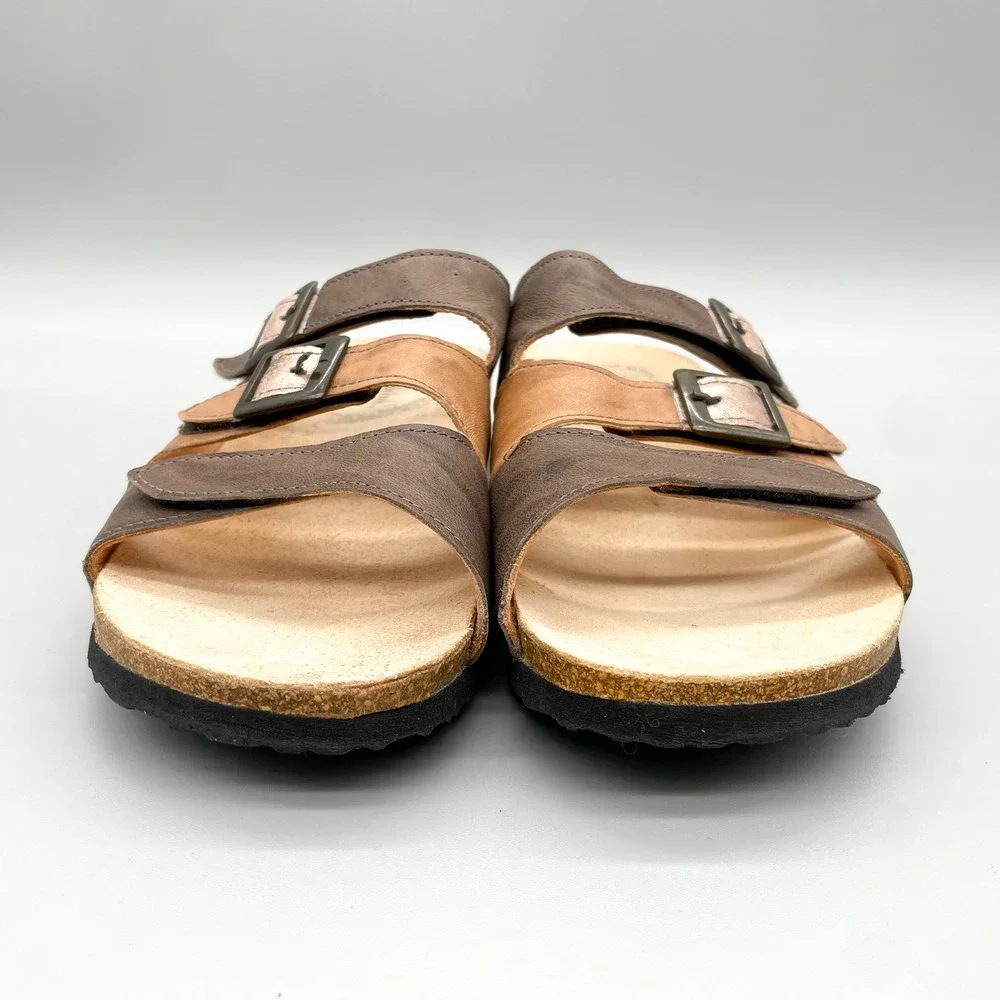 Think! Womens 40 Mizzi Multi Strap Brown Leather Cork Wedge Slide Sandals Buckle